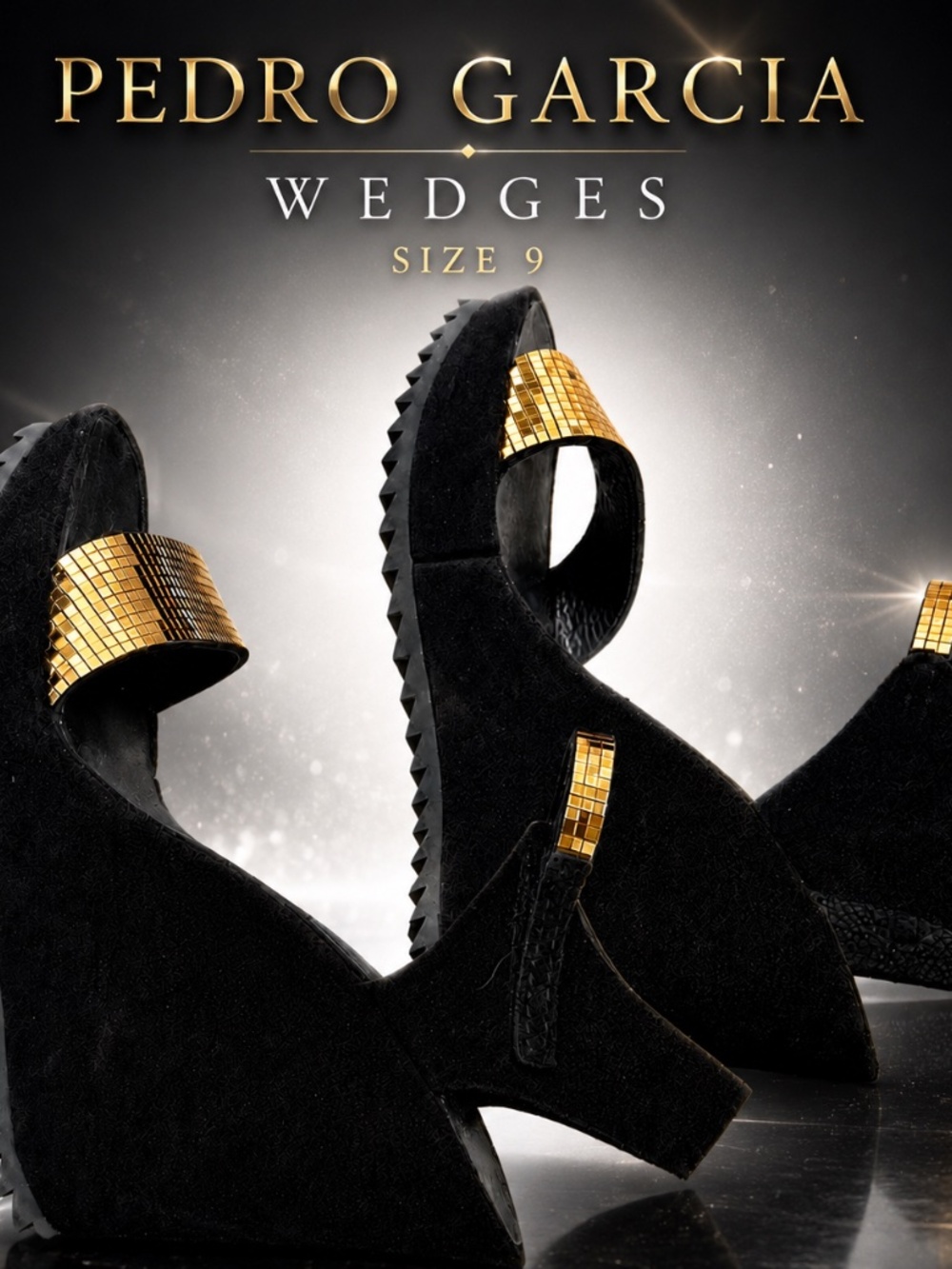 Pedro Garcia date night black wedges with gold accents size 9